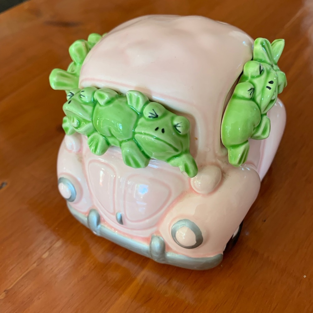 Ceramic Frogs-In-A-Volkswagen Bug Coin Bank